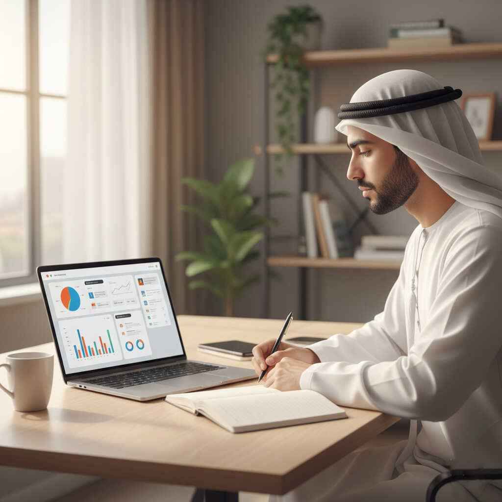  Gulf student studying an online diploma course on his laptop. 